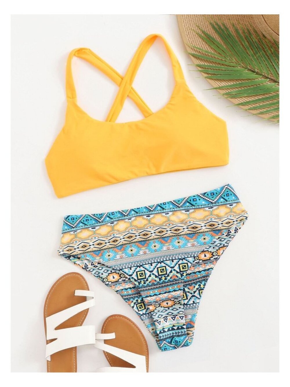 Adult Aztec Print Crisscross Bikini 2pc Swimsuit Yellow High Waist Boho Large L